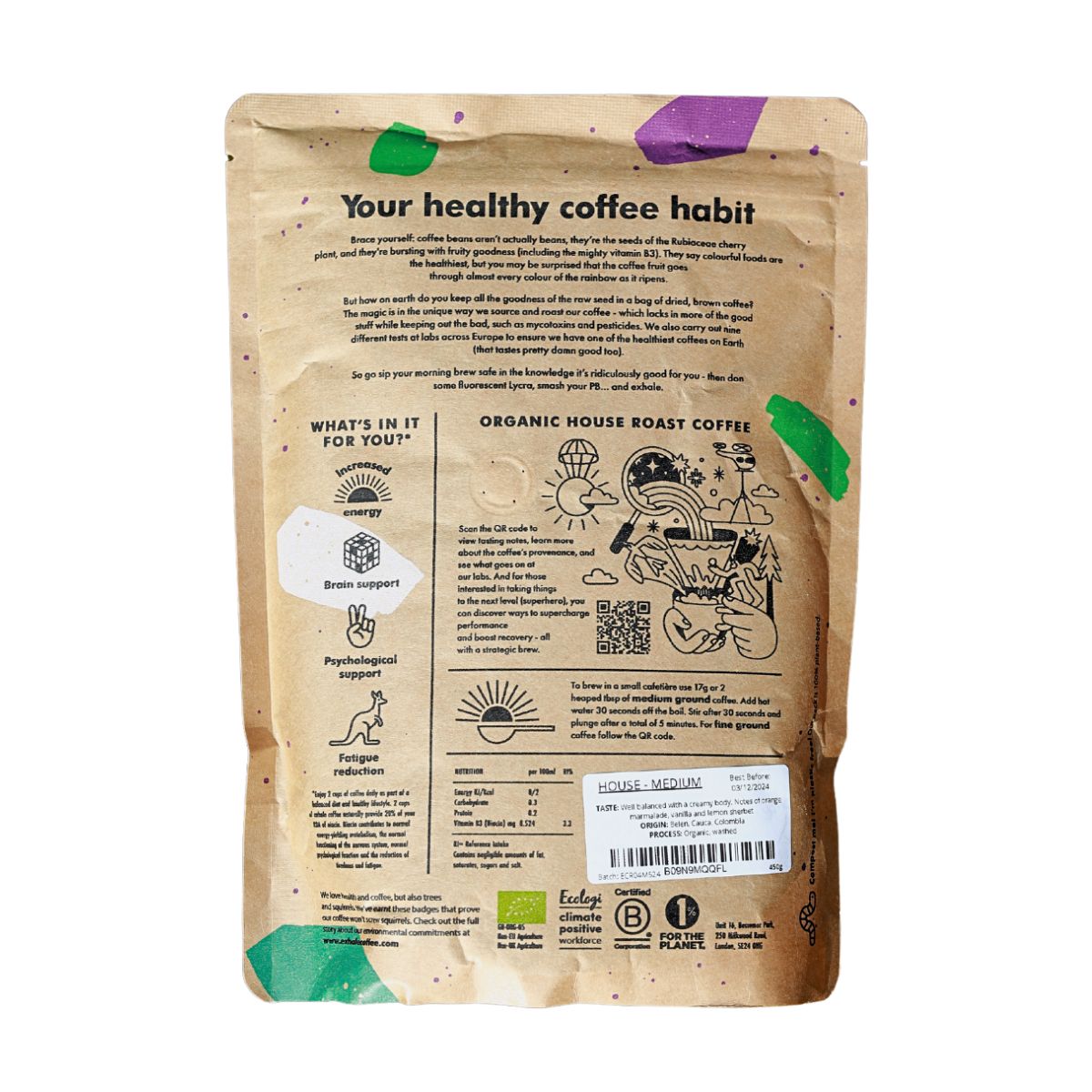 Coffee package with health benefits and branding information on a white background