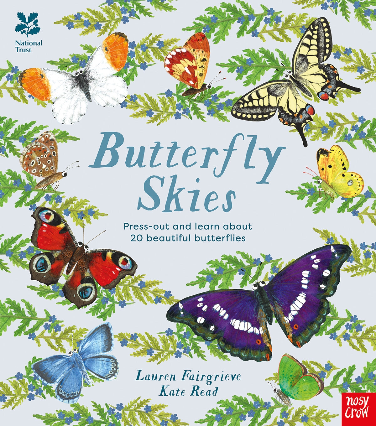 Book cover of 'Butterfly Skies' with colourful butterflies and National Trust logo.