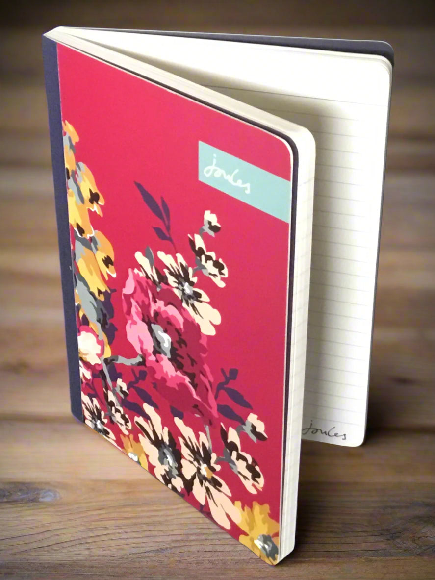 ECO A5 Flexi Notebook (FSC) | Joules - Cambridge Floral - 3D showing front cover and inside lined pages
