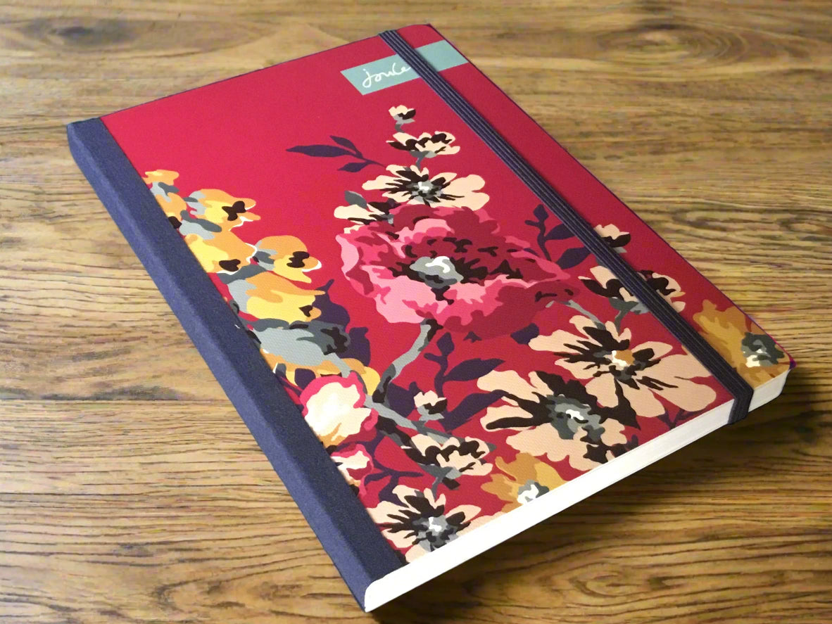 ECO A5 Flexi Notebook (FSC) | Joules - Cambridge Floral - 3D showing the front cover and elastic closer band