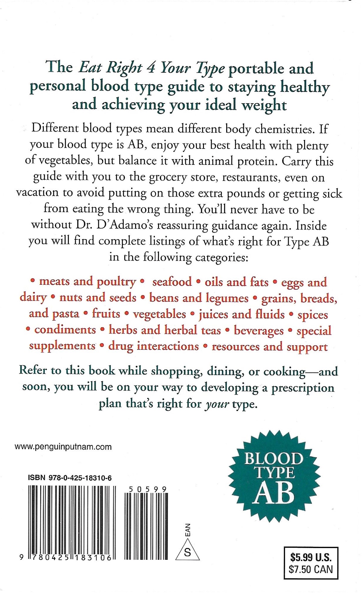 Back cover of the 'The Eat Right 4 Your Type' portable blood type guide, featuring descriptive text, a barcode, ISBN 978-0-425-18101-6, a teal 'Blood Type AB' badge