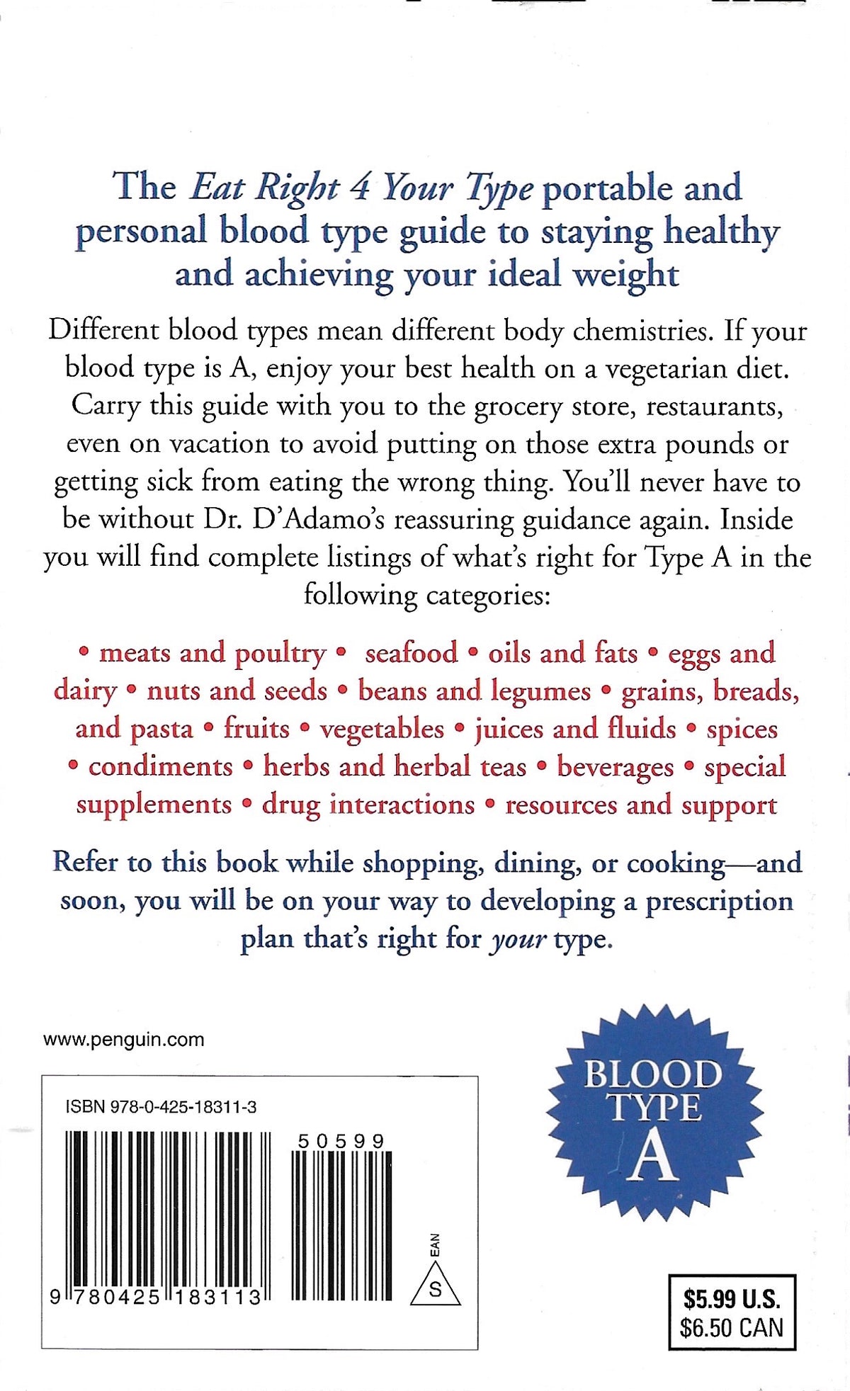 Back cover of the book 'The Eat Right 4 Your Type' showing descriptive text, a barcode, ISBN, a blue circular 'BLOOD TYPE A' badge, and pricing at the bottom right.