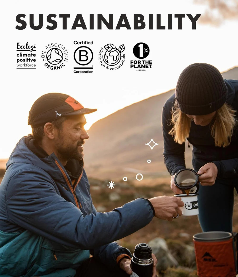 Two people outdoors drinking Exhale coffe