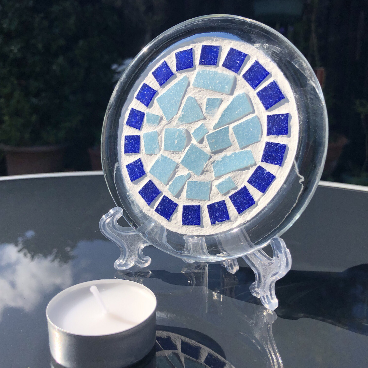 Hand Embellished - Mosaic, Candle/Tea-light Coaster- BLUE or GREY