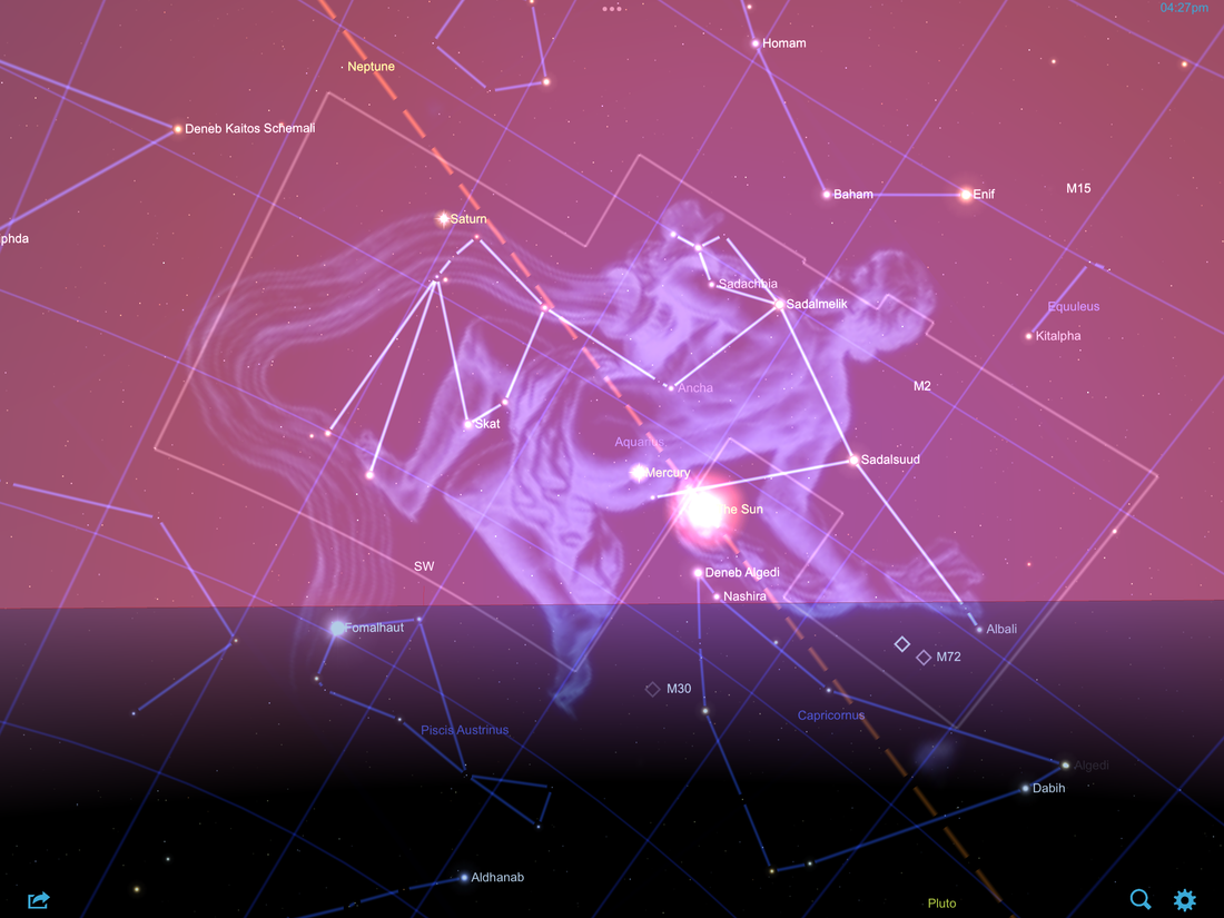 Chart of the sky at 4.27pm Feb 14th 2025 - with Sun at the beginning of its yearly transit through Aquarius constellation | Star Chart App