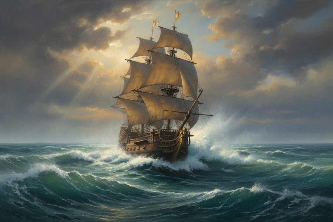 A tall ship galleon sailing through sea spray on an aquamarine ocean