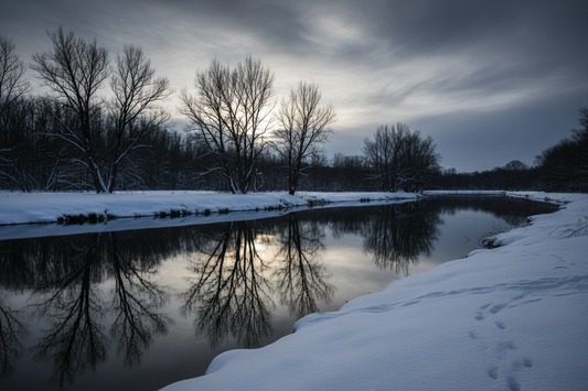 Bare winter trees reflected in dark still water with snow on the ground – Water element, season of Winter