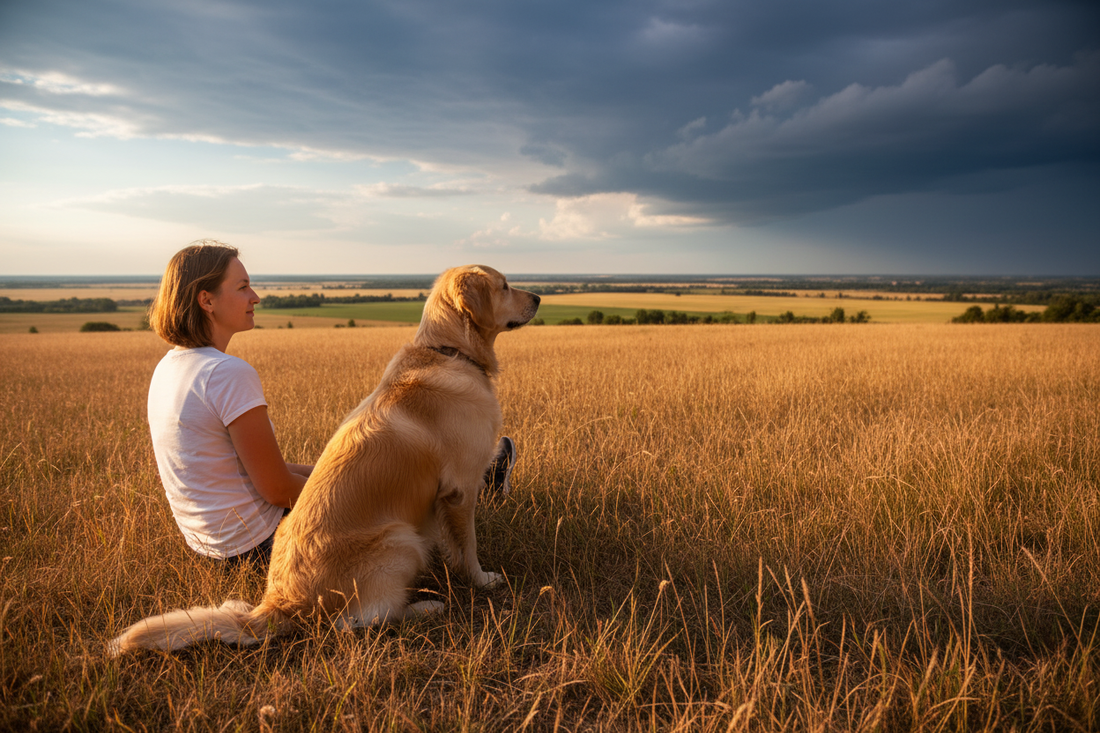 Earth Element — woman and her dog are sitting in the sun - waiting for the rains, late summer warmth | Coralee's Emporium