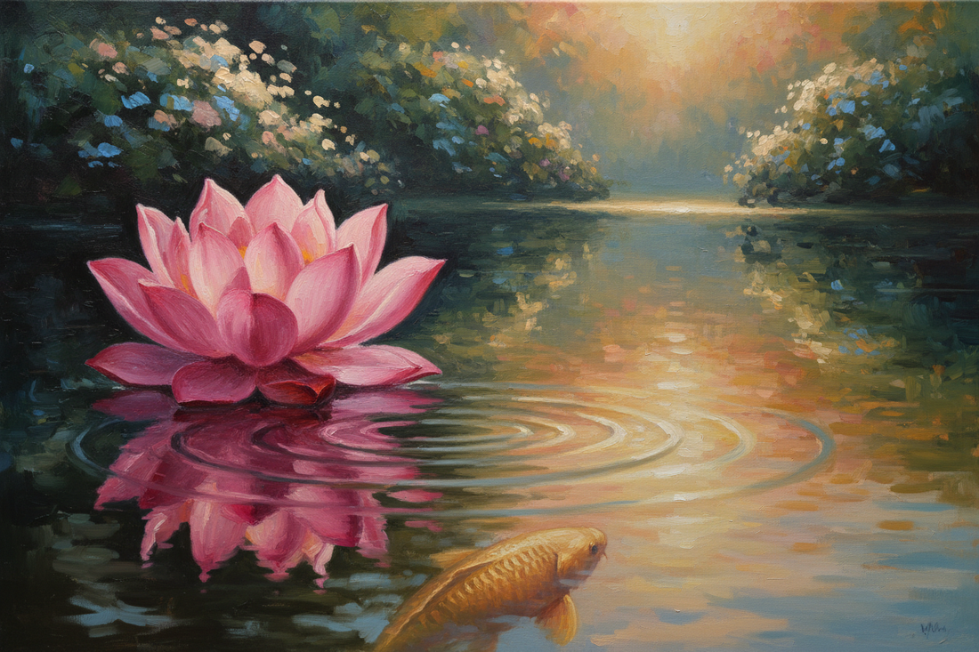  pink lotus flower on pond with a golden carp | Blog Banner for Pink Tourmaline Lotus Charm