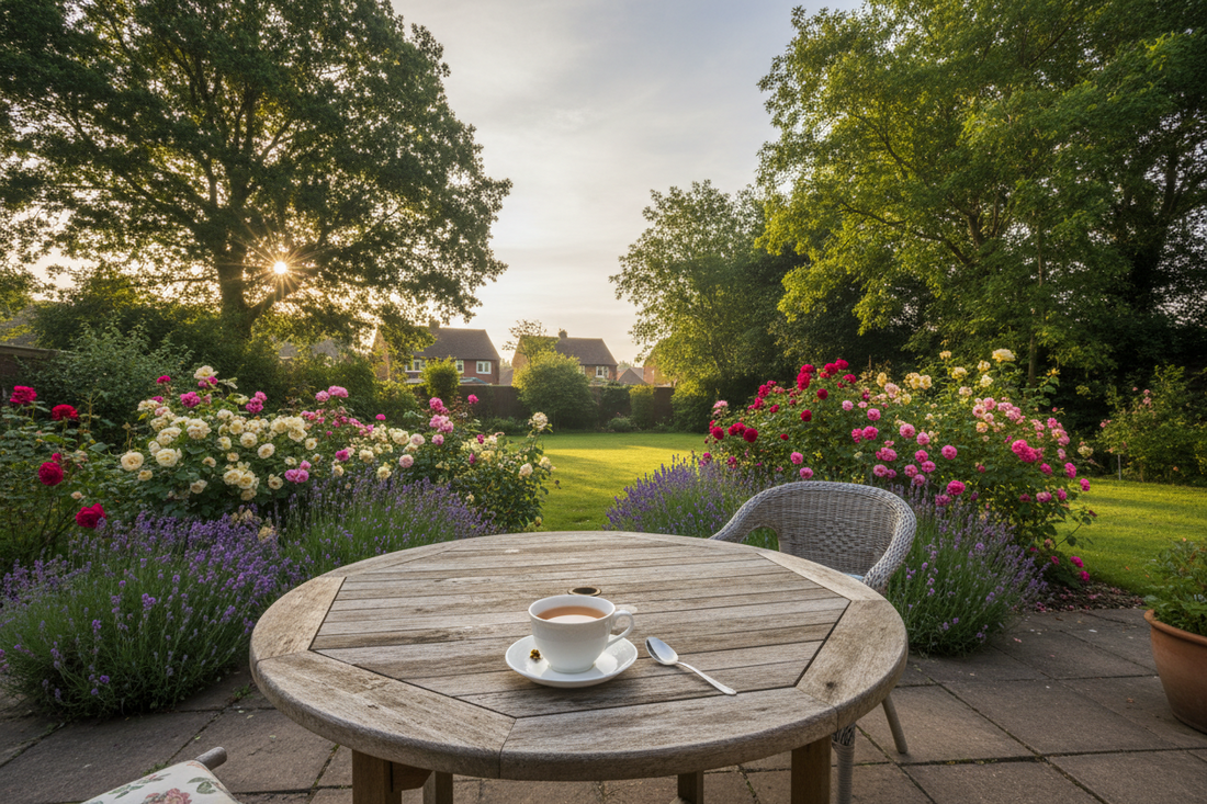 A peaceful English country garden in summer – a table and chairs set out on the lawn with a cup of tea, dappled light through the trees