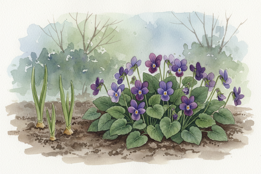 Watercolour illustration of spring bulbs and viola odorata blooming in a winter garden