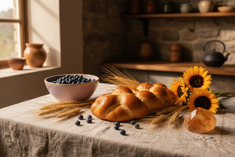 A rustic kitchen scene with braided golden bread loaves on a linen tablecloth, a bowl of blueberries, scattered blueberries, wheat stalks, and sunflowers, with a stone wall and shelves in the background | First loaf - AI generated for Coralee's Emporium