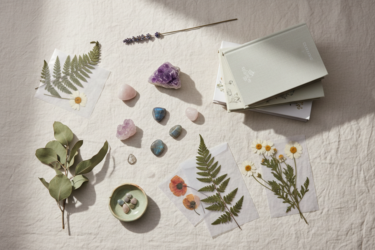 Crystals, books and botanicals on pale linen in natural light