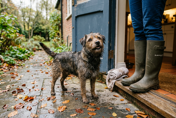 A small scruffy dog stands on a wet stone path outside a house, looking up at a person wearing blue jeans and dark green rubber rain boots standing on the doorway threshold. A rolled towel rests beside the boots in this autumn scene.