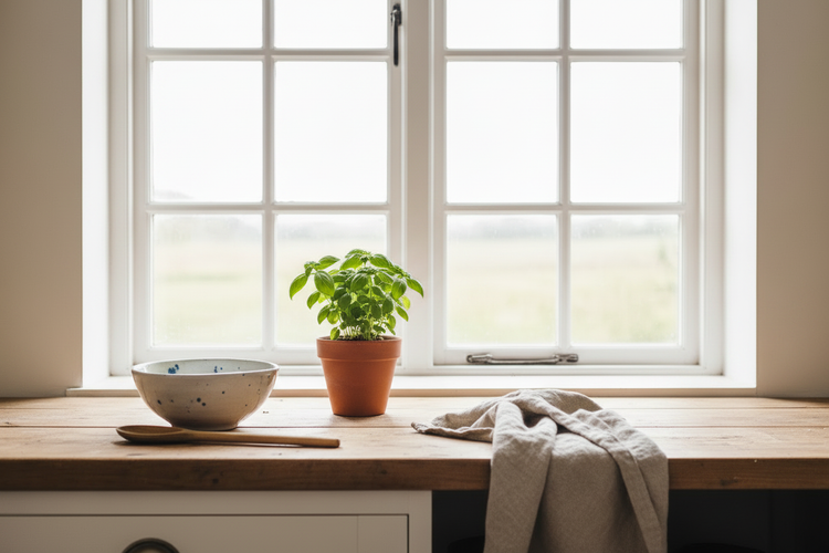 A small green potted plant in a terracotta pot sits on a wooden windowsill next to a speckled ceramic bowl and a beige linen cloth, with a bright white multi-pane window in the background.