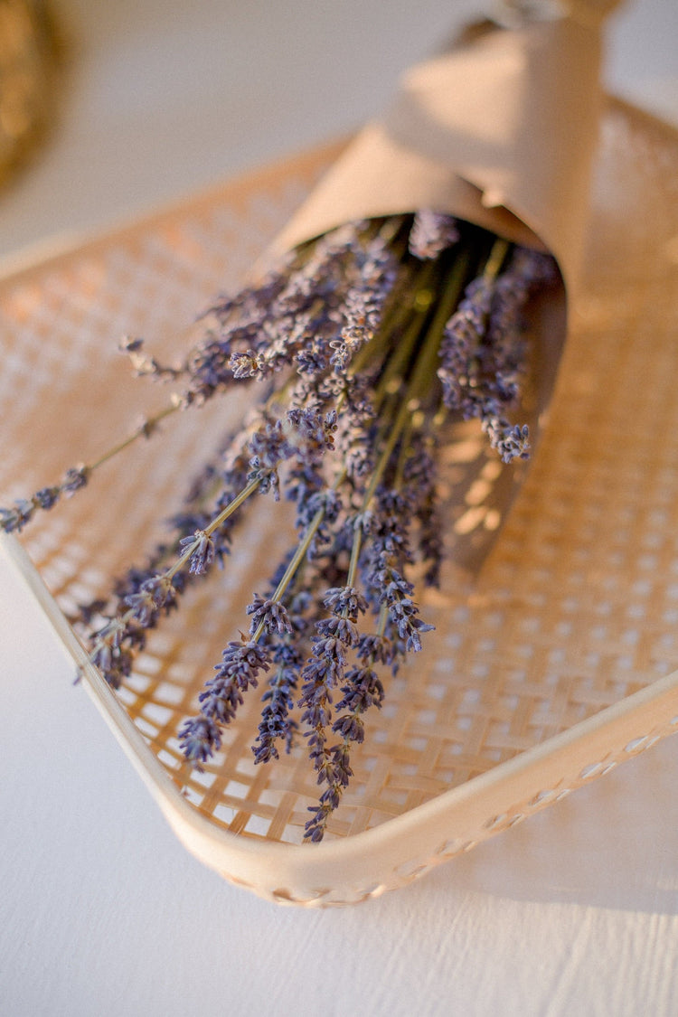 Wrapped Lavender Flowers in a tablet basket 