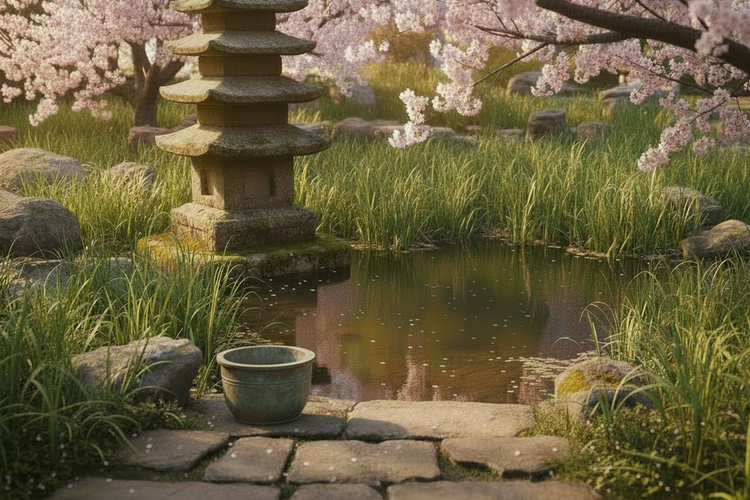 Coralee's Emporium Blog Wisdom Traditions - Healing 5 Element Banner | showing small pond, stone pagoda, cherry blossom & metal pot 
