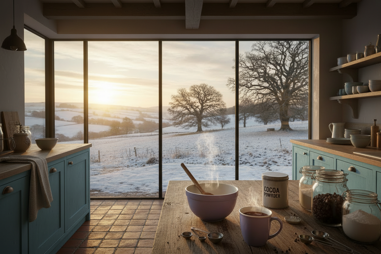 Cocoa prep with blue-teal cabinet doors and snowy oak trees