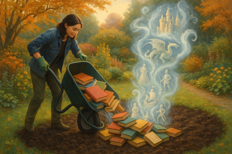 AI assisted illustration for Coralee's Emporium BOOKs & More | A dark haired woman is tipping her wheelbarrow of books onto the fertile soil of a lovely October garden and imaginative ideas, thoughts and visions are growing out of the mix.  