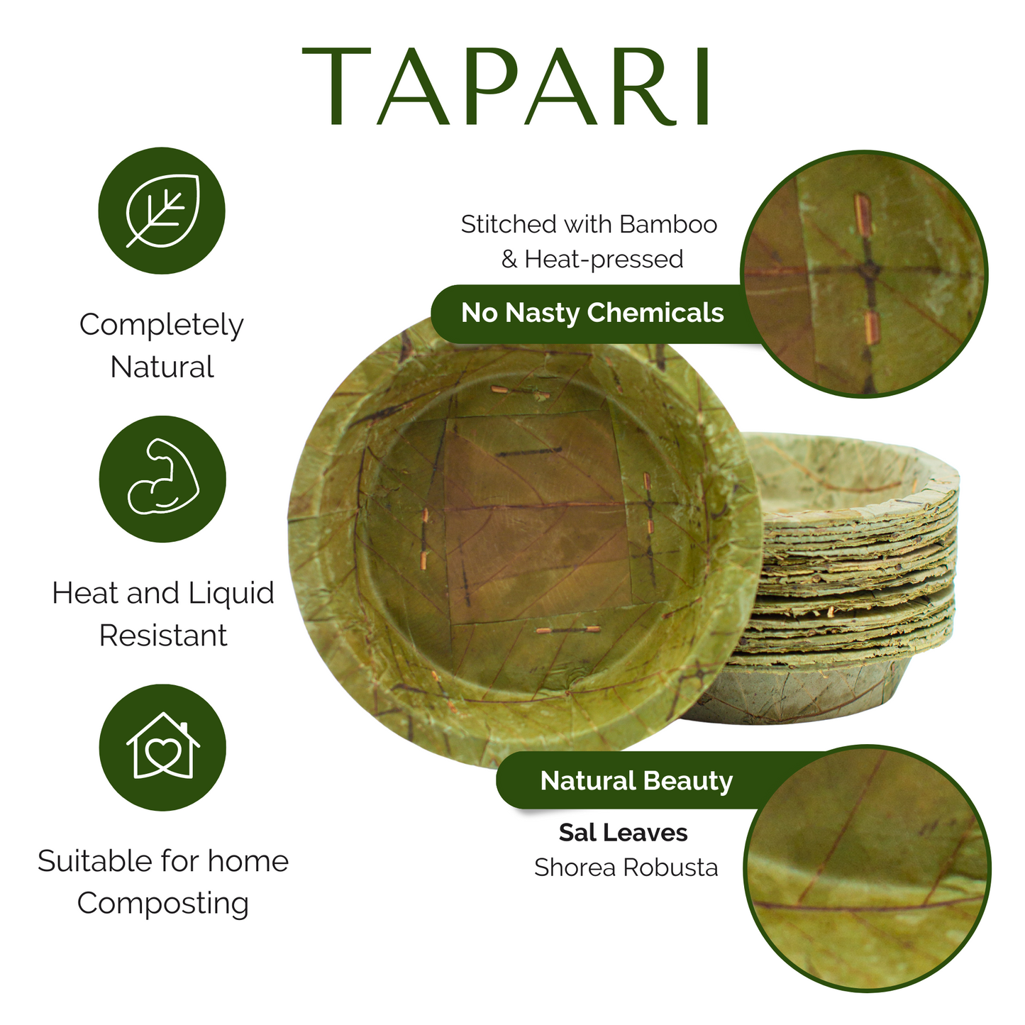 Disposable Sal Leaf BOWLS - LARGE 19cm / 7.5“ Ø