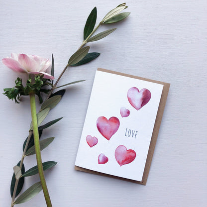 Printed Greeting Card, Hand-Painted Watercolour of Love Hearts - A6 Size