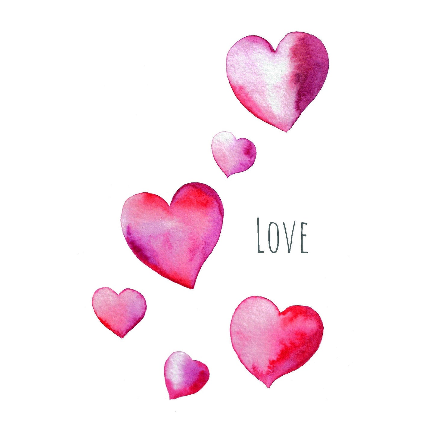 Printed Greeting Card, Hand-Painted Watercolour of Love Hearts - A6 Size