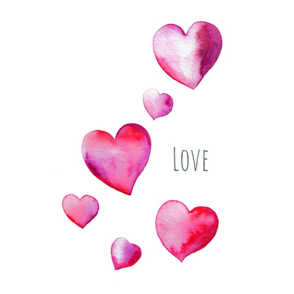 Printed Greeting Card, Hand-Painted Watercolour of Love Hearts - A6 Size