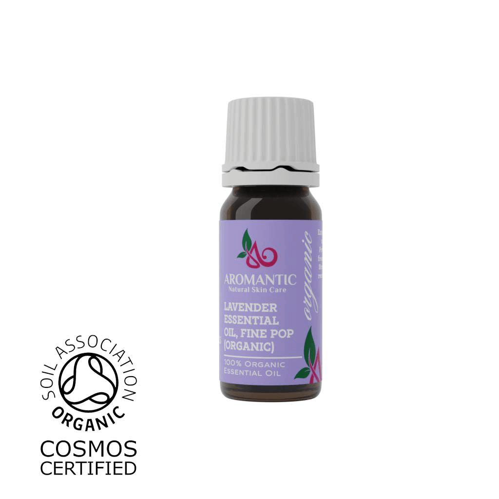 Bottle of lavender essential oil with Aromantic label and Soil Association Organic certification logo on a white background