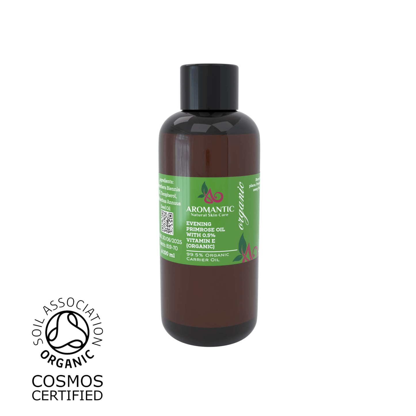 Bottle of Aromantic evening primrose oil with a green label on a white background