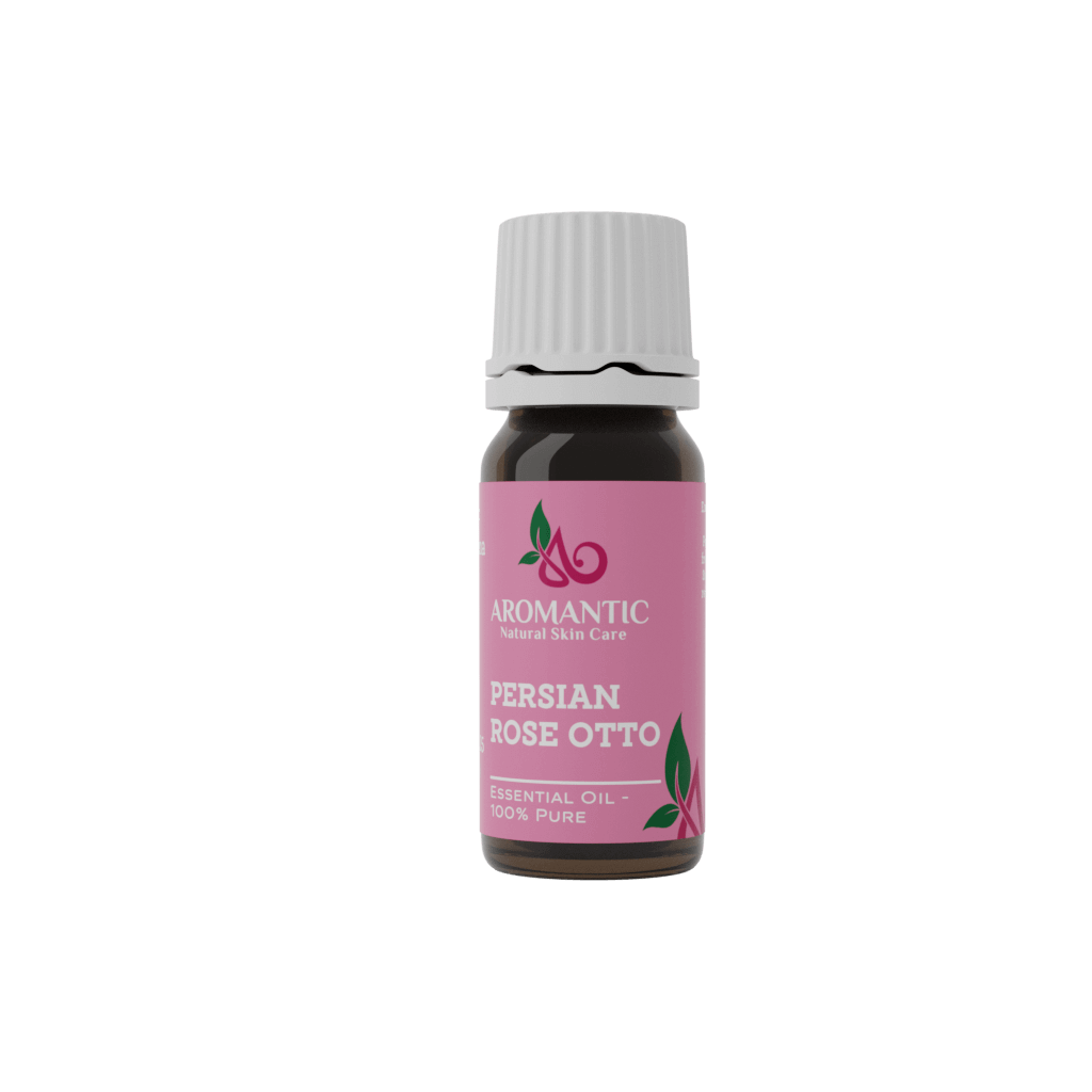 Bottle of Aromantic Persian Rose Otto essential oil on a white background