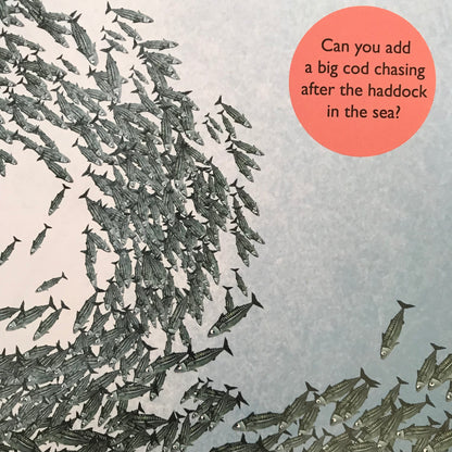 Book page Illustration of fish swimming in a school, with a call to add a sticker a cod chasing haddock.