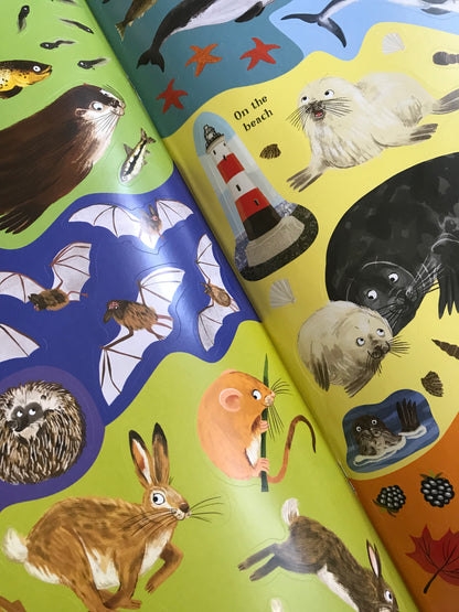 Book page with illustrated stickers of various British wildlife animals on colourful pages, ready for sticking on scene pages.