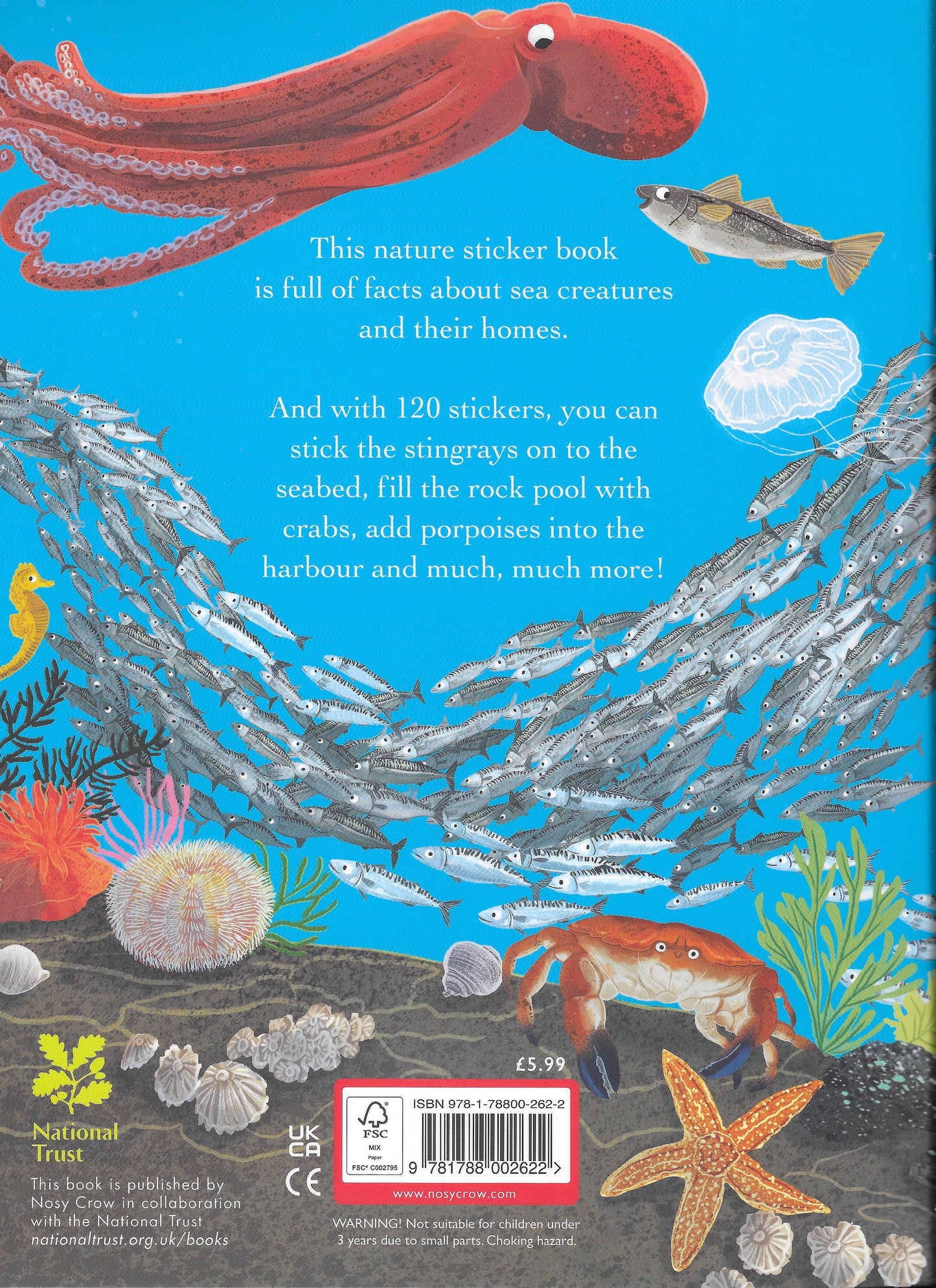 Back cover of a nature sticker book with sea creatures illustrations and text.