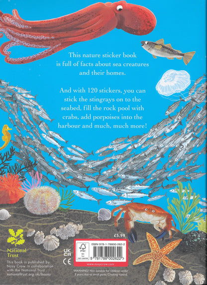Back cover of a nature sticker book with sea creatures illustrations and text.