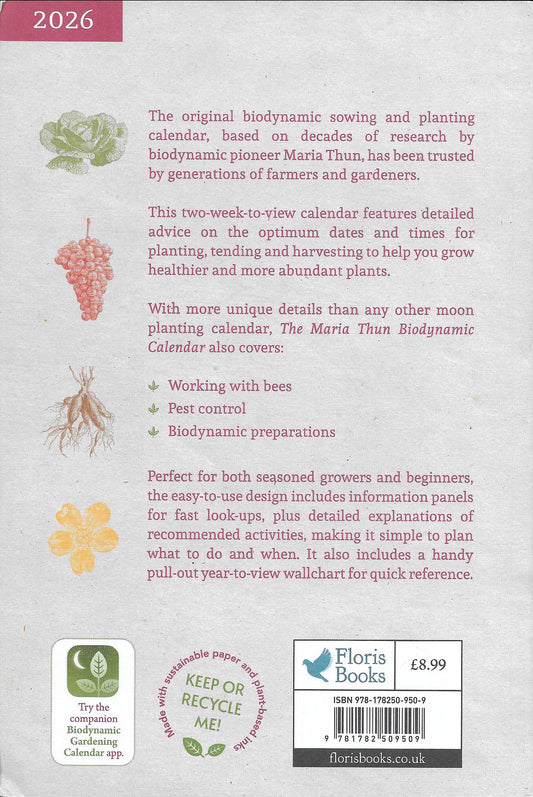 Back cover of biodynamic calendar 2026 with text over view of book