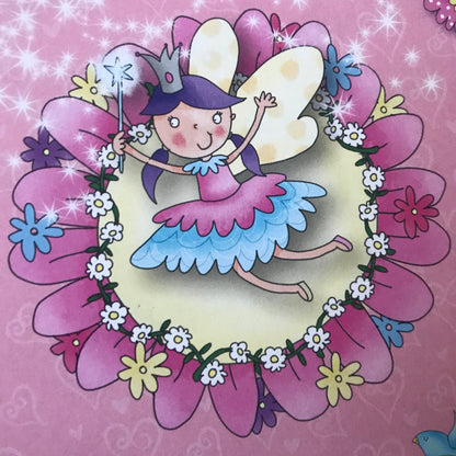 Cartoon fairy surrounded by flowers on a pink background