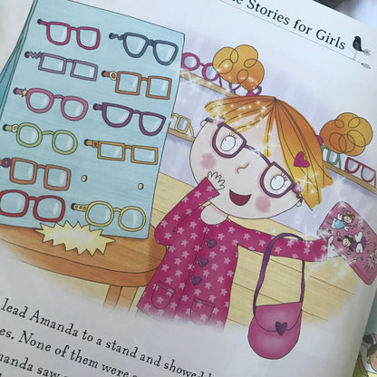 Bedtime Stories for girls:- Example of full colour Illustration of a girl with glasses and a pink bag in a book or magazine.