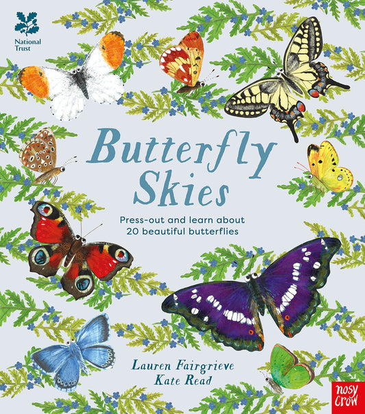 Book cover of 'Butterfly Skies' with colourful butterflies and National Trust logo.