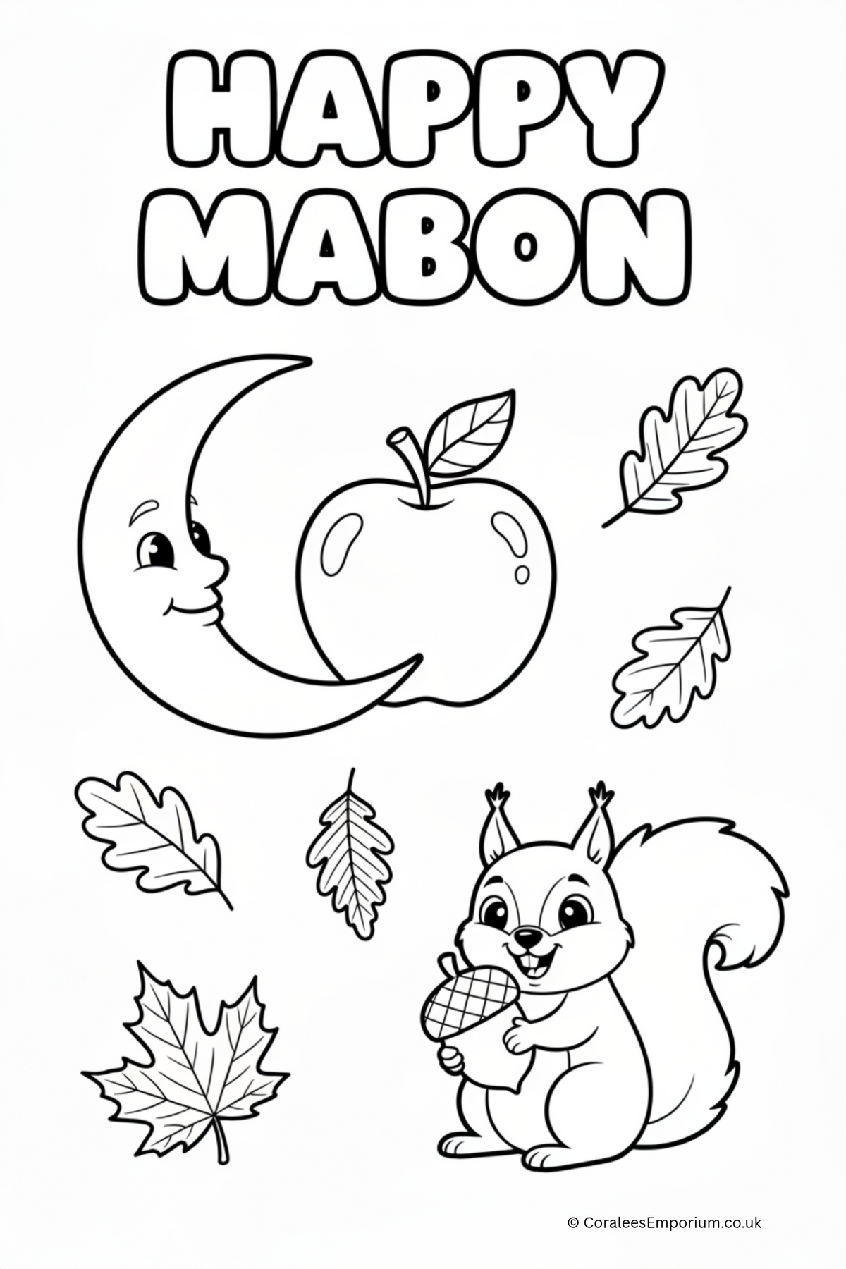Black and white line art coloring page featuring 'HAPPY MABON' text at the top, a smiling crescent moon and apple, scattered autumn leaves, and a cartoon squirrel holding an acorn. Small text at the bottom reads 'AI GENERATED FOR CORALE'S EMPORIUM'.