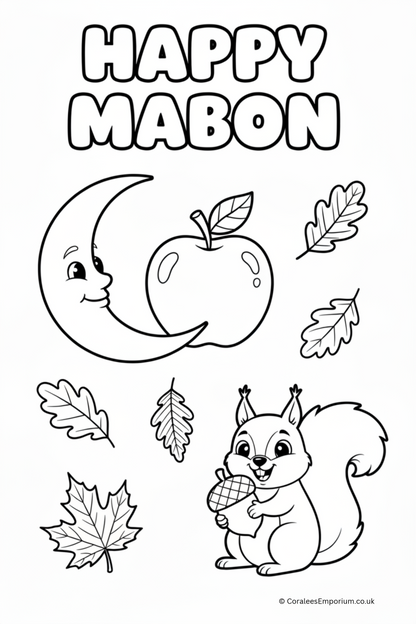 Black and white line art coloring page featuring 'HAPPY MABON' text at the top, a smiling crescent moon and apple, scattered autumn leaves, and a cartoon squirrel holding an acorn. Small text at the bottom reads 'AI GENERATED FOR CORALE'S EMPORIUM'.