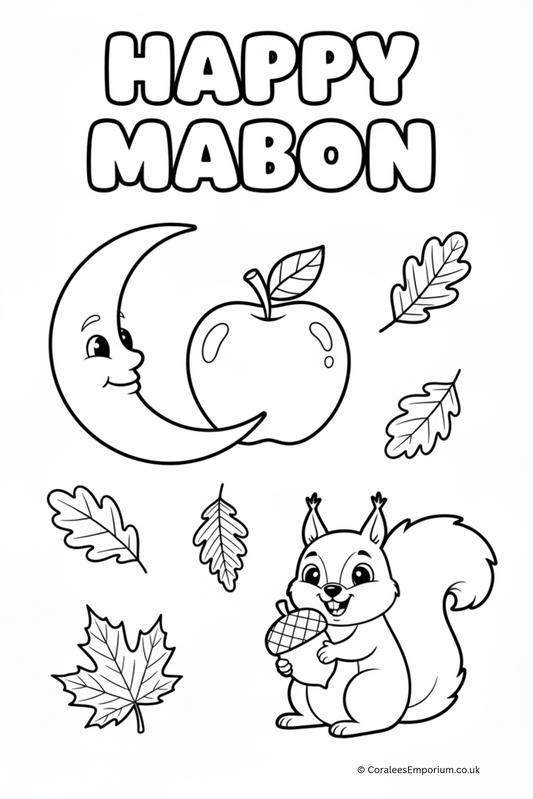 Black and white line art coloring page featuring 'HAPPY MABON' text at the top, a smiling crescent moon and apple, scattered autumn leaves, and a cartoon squirrel holding an acorn. Small text at the bottom reads 'AI GENERATED FOR CORALE'S EMPORIUM'.