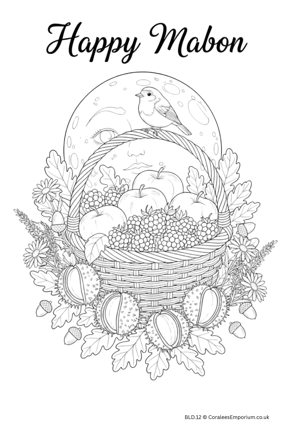 Black and white line art illustration featuring a wicker basket filled with apples, grapes, and acorns, surrounded by oak leaves and flowers, with a small bird perched on the rim. The text 'Happy Mabon' appears at the top, and a small credit 'BLD.