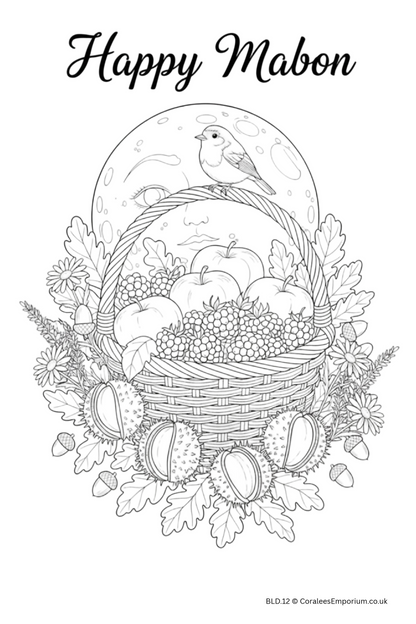Black and white line art illustration featuring a wicker basket filled with apples, grapes, and acorns, surrounded by oak leaves and flowers, with a small bird perched on the rim. The text 'Happy Mabon' appears at the top, and a small credit 'BLD.