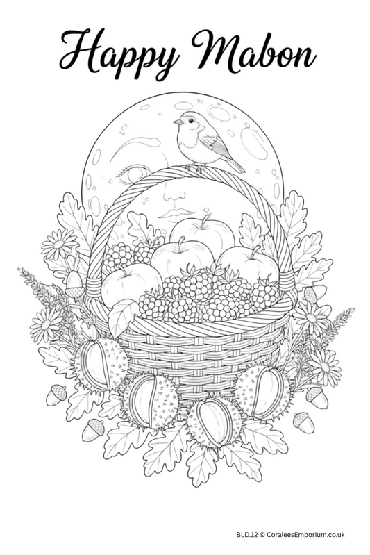 Black and white line art illustration featuring a wicker basket filled with apples, grapes, and acorns, surrounded by oak leaves and flowers, with a small bird perched on the rim. The text 'Happy Mabon' appears at the top, and a small credit 'BLD.