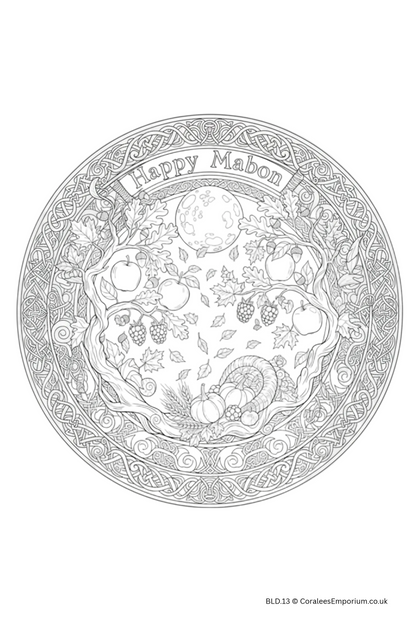 Black and white line art illustration of a circular autumn harvest wreath with pumpkins, apples, corn, grapes, and a moon, with the text 'Happy Mabon' at the top.