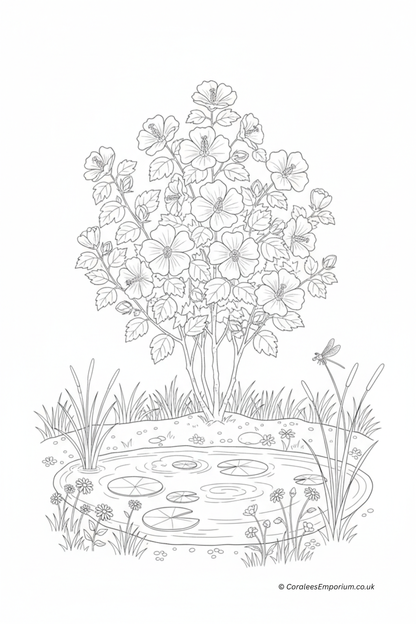 Black and white line art illustration of a garden scene featuring a hibiscus bush, a pond with lily pads, reeds, and a dragonfly, with a small copyright watermark at the bottom right | AI generated for Coralee's Emporium