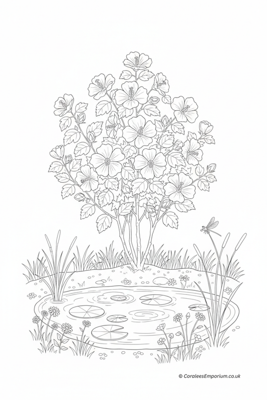 Black and white line art illustration of a garden scene featuring a hibiscus bush, a pond with lily pads, reeds, and a dragonfly, with a small copyright watermark at the bottom right | AI generated for Coralee's Emporium