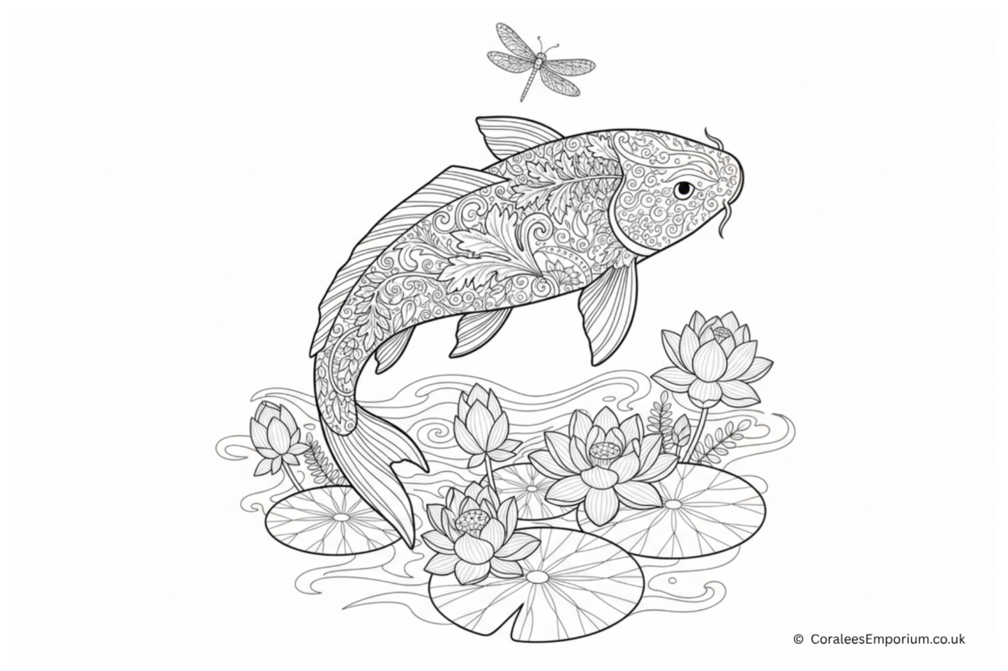 Decorative koi fish illustration with lotus flowers, lily pond and a dragonfly | Coralee's Emporium copyright