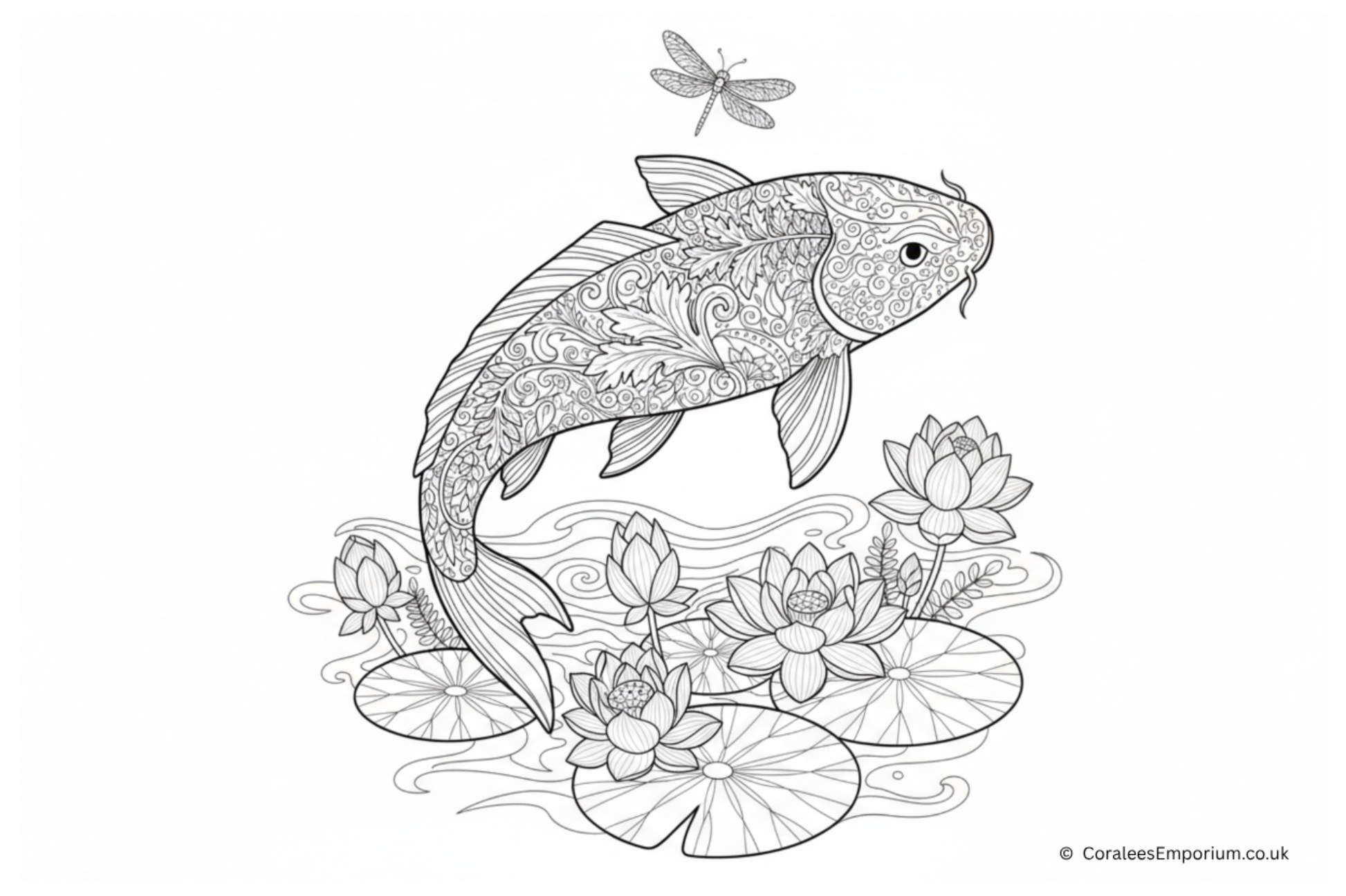 Decorative koi fish illustration with lotus flowers, lily pond and a dragonfly | Coralee's Emporium copyright