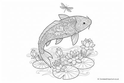 Decorative koi fish illustration with lotus flowers, lily pond and a dragonfly | Coralee's Emporium copyright